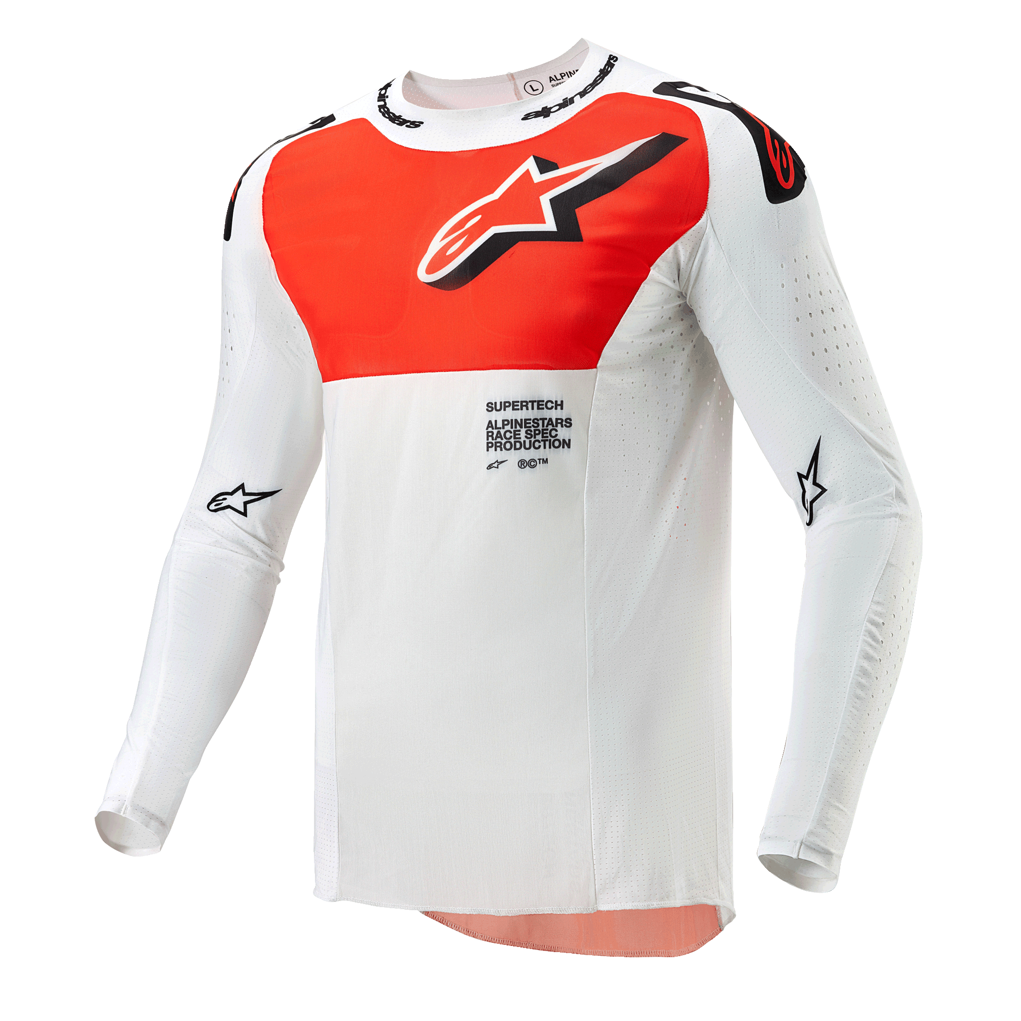 Alpinestars 2024 Supertech Ward Jersey, camisola de motocross, branca e laranja vibrante, topo técnico de manga comprida com um grande gráfico laranja no peito, logótipo de estrela e construção perfurada respirável para corridas todo-o-terreno