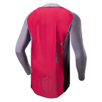 Alpinestars 2024 Supertech Dade Jersey, camisola de motocross, Iron Red Berry e cinzento, vista traseira mostrando a construção em malha respirável, contorno do logótipo de estrela da Alpinestars e branding profissional de especificação de corrida