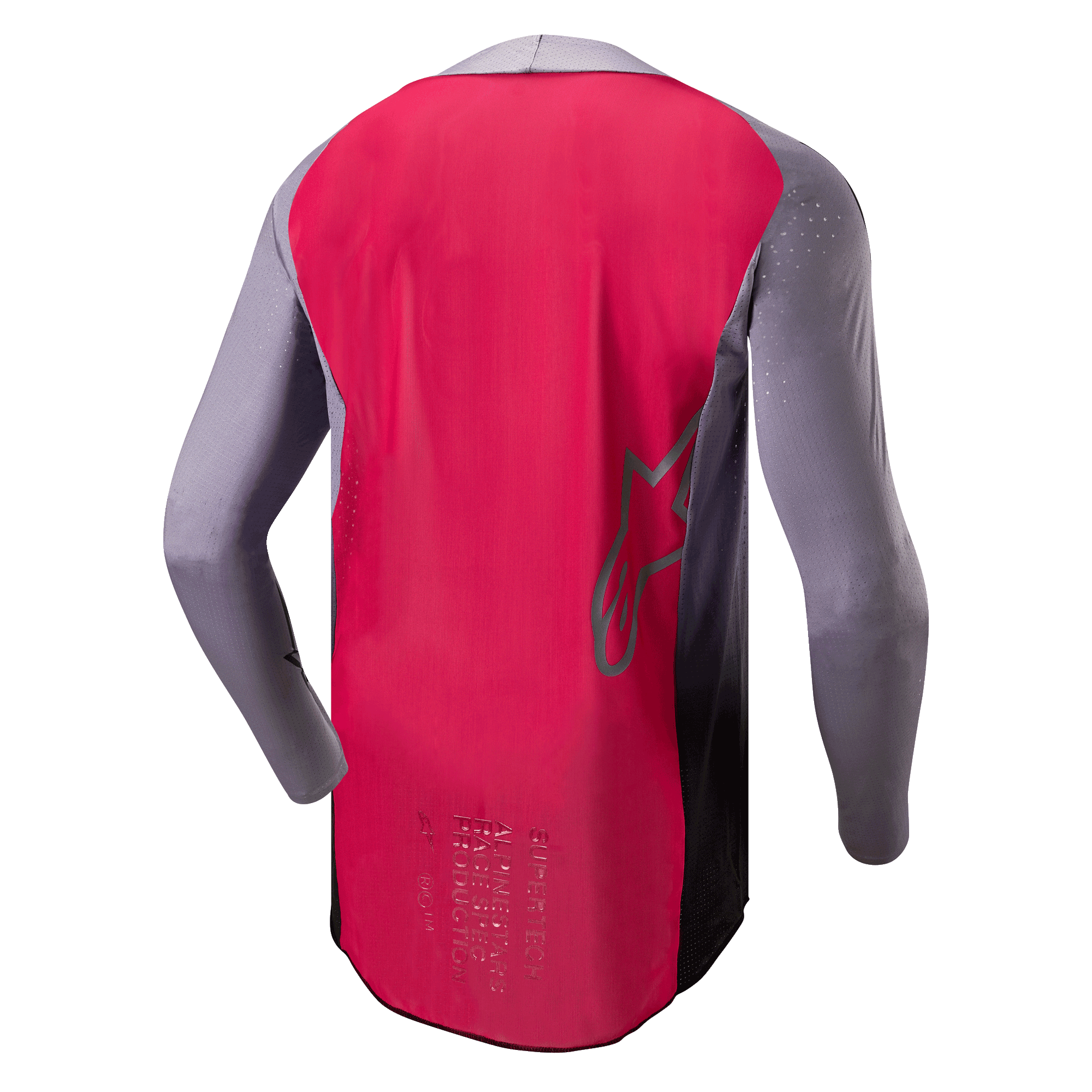 Alpinestars 2024 Supertech Dade Jersey, camisola de motocross, Iron Red Berry e cinzento, vista traseira mostrando a construção em malha respirável, contorno do logótipo de estrela da Alpinestars e branding profissional de especificação de corrida