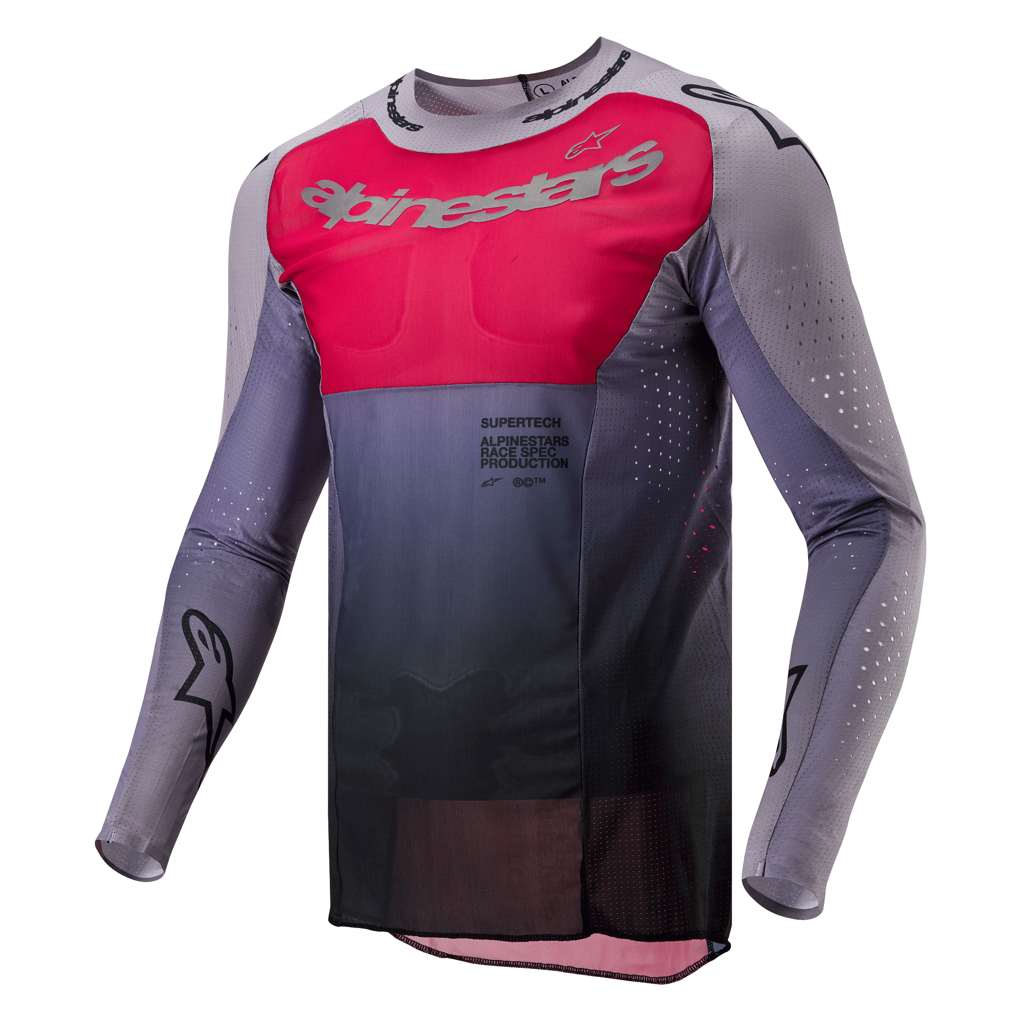 Alpinestars 2024 Supertech Dade Jersey, camisola de motocross, Iron Red Berry e cinzento, com um painel de peito vermelho vibrante e marca prateada, gradiente cinzento escuro na cintura, perfurações cortadas a laser nas mangas e laterais, e um design de ajuste de corrida atlético.