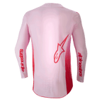 Alpinestars 2024 Supertech Dade Jersey, camisola de motocross, Red Berry Lilac, vista traseira com um grande logótipo Astar vermelho nas costas e marca Alpinestars vermelha nas mangas, construção em malha elástica leve com painel traseiro estendido para desempenho em todo-o-terreno.