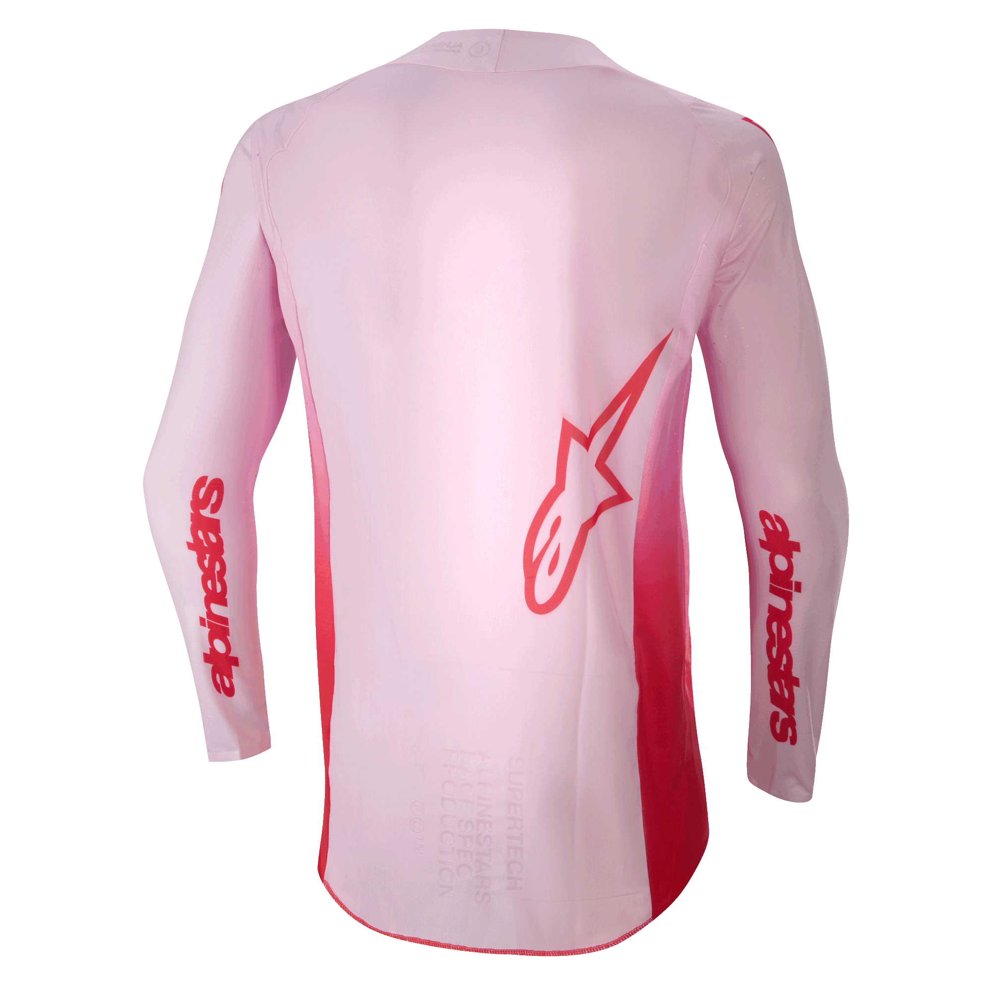 Alpinestars 2024 Supertech Dade Jersey, camisola de motocross, Red Berry Lilac, vista traseira com um grande logótipo Astar vermelho nas costas e marca Alpinestars vermelha nas mangas, construção em malha elástica leve com painel traseiro estendido para desempenho em todo-o-terreno.