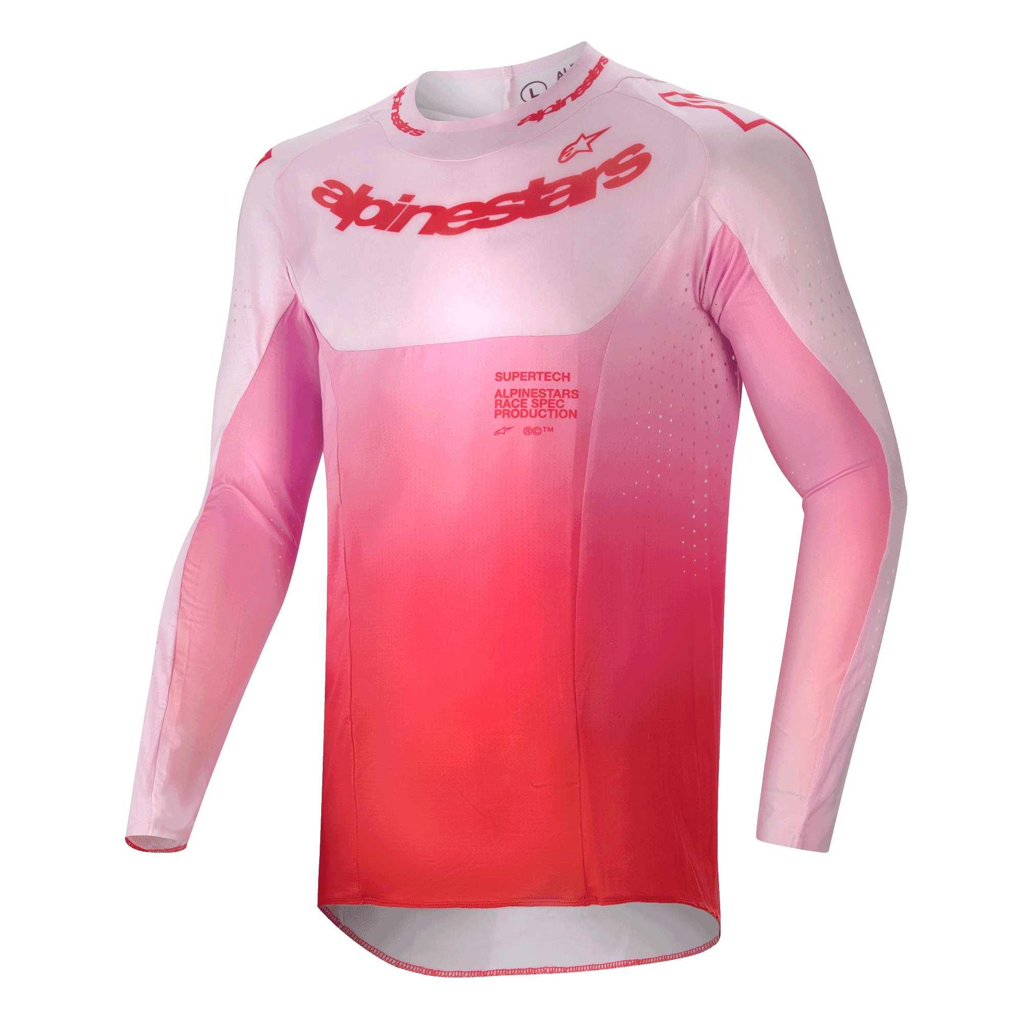 Alpinestars 2024 Supertech Dade Jersey, camisola de motocross, Red Berry Lilac, com um design em gradiente de rosa a vermelho, corte atlético de manga comprida com orifícios de ventilação cortados a laser e logótipo destacado no peito, vestuário de performance para motocross