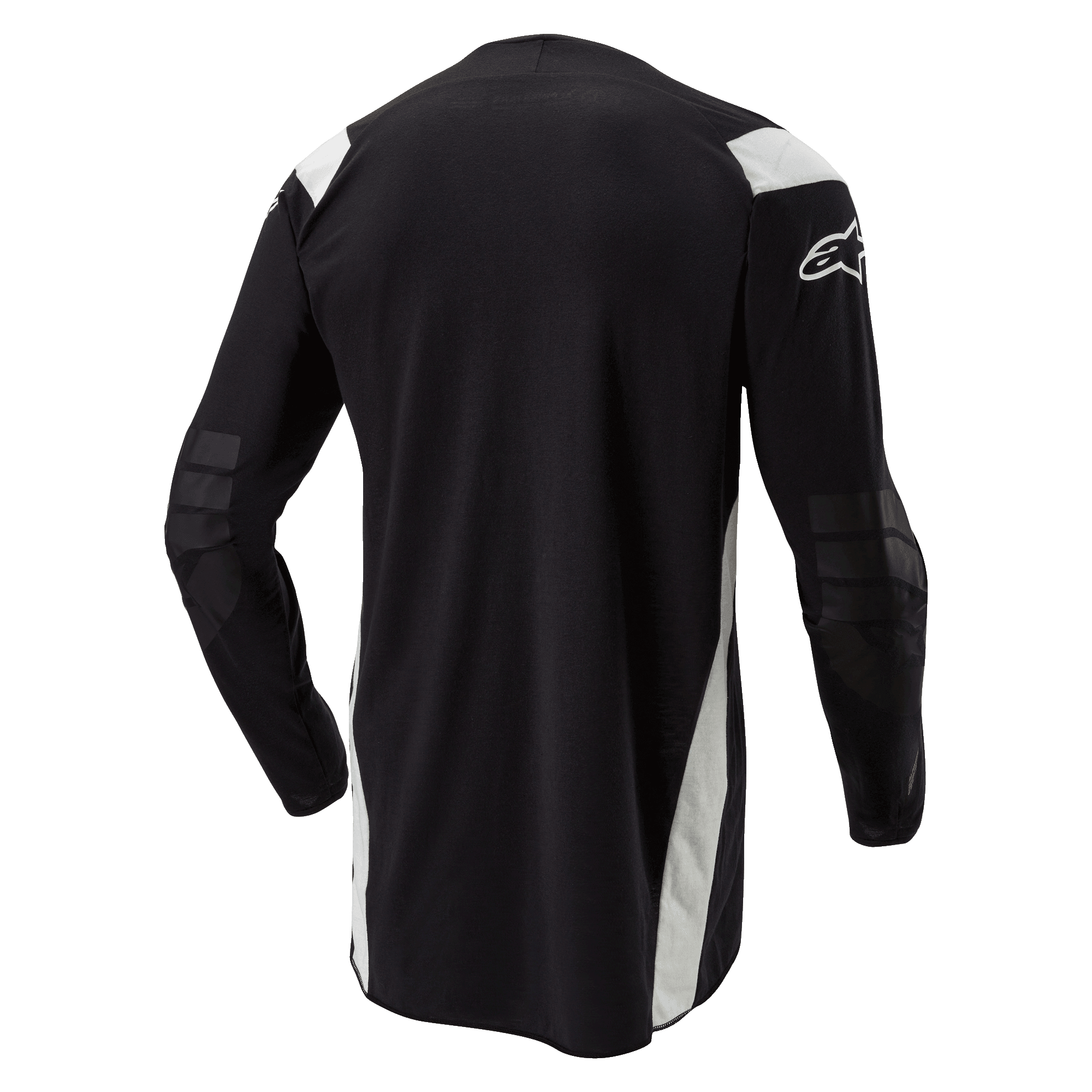 Alpinestars Techdura Jersey, Enduro Motocross Jersey, Black with white accents, rear view featuring an elongated drop tail, reinforced elbows, and white Alpinestars logo on the sleeve, durable off-road riding apparel.