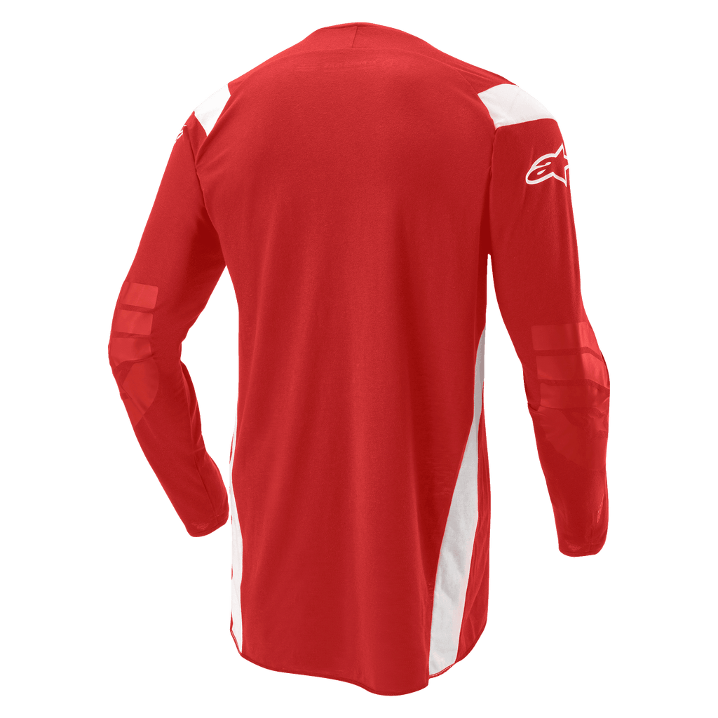 Alpinestars Techdura Jersey, camisola de motocross e enduro, vermelho vivo com painéis brancos, vista traseira com parte traseira alongada e cotovelos reforçados, logótipo Alpinestars branco na manga, equipamento de performance durável para todo-o-terreno