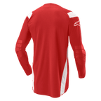 Alpinestars Techdura Jersey, camisola de motocross e enduro, vermelho vivo com painéis brancos, vista traseira com parte traseira alongada e cotovelos reforçados, logótipo Alpinestars branco na manga, equipamento de performance durável para todo-o-terreno