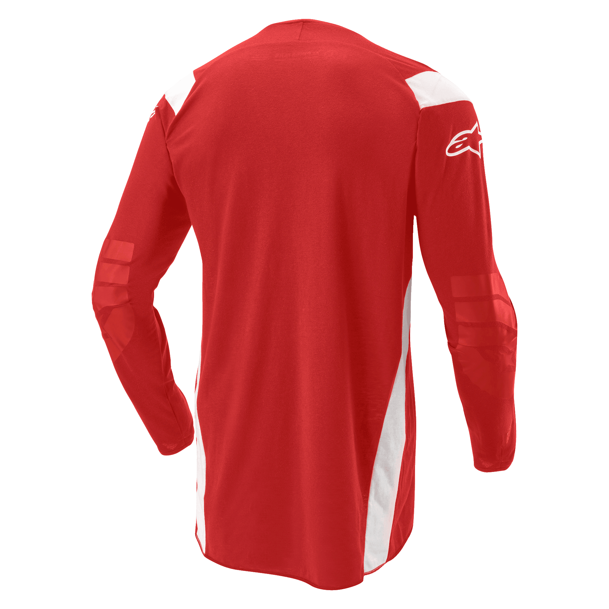 Alpinestars Techdura Jersey, camisola de motocross e enduro, vermelho vivo com painéis brancos, vista traseira com parte traseira alongada e cotovelos reforçados, logótipo Alpinestars branco na manga, equipamento de performance durável para todo-o-terreno