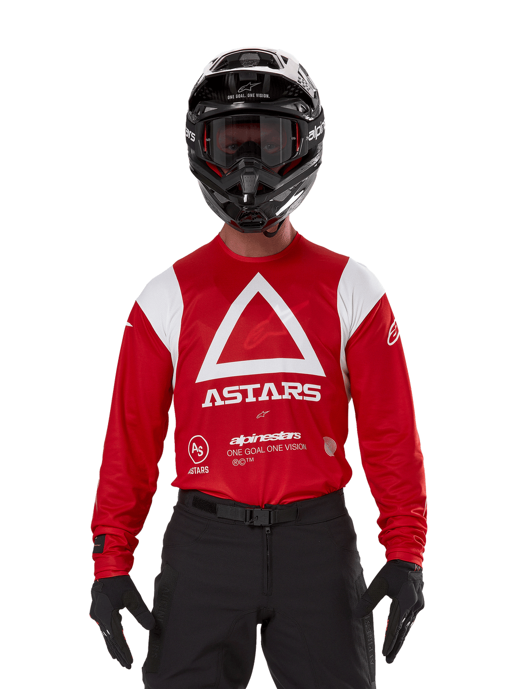 Piloto de motocross a usar a Camisola Alpinestars Techdura em vermelho vivo com gráficos brancos, apresentando um grande triângulo branco e o logótipo ASTARS no peito, combinada com capacete, óculos e equipamento de condução em preto, um conjunto coordenado para enduro e corridas de todo-o-terreno