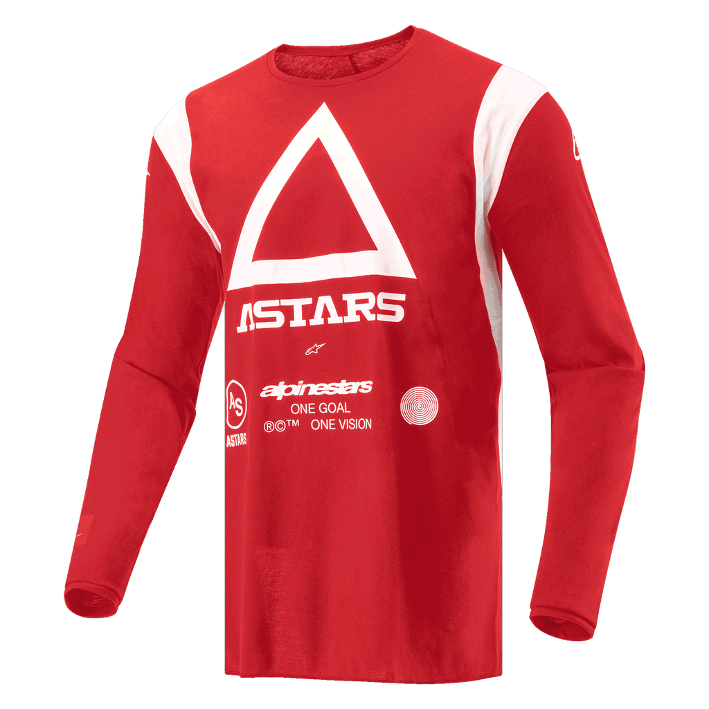Alpinestars Techdura Jersey, camisola de motocross e enduro, vermelho vivo, com triângulo branco e marca ASTARS no peito, tecido de poliéster de manga comprida com absorção de humidade para condução todo-o-terreno