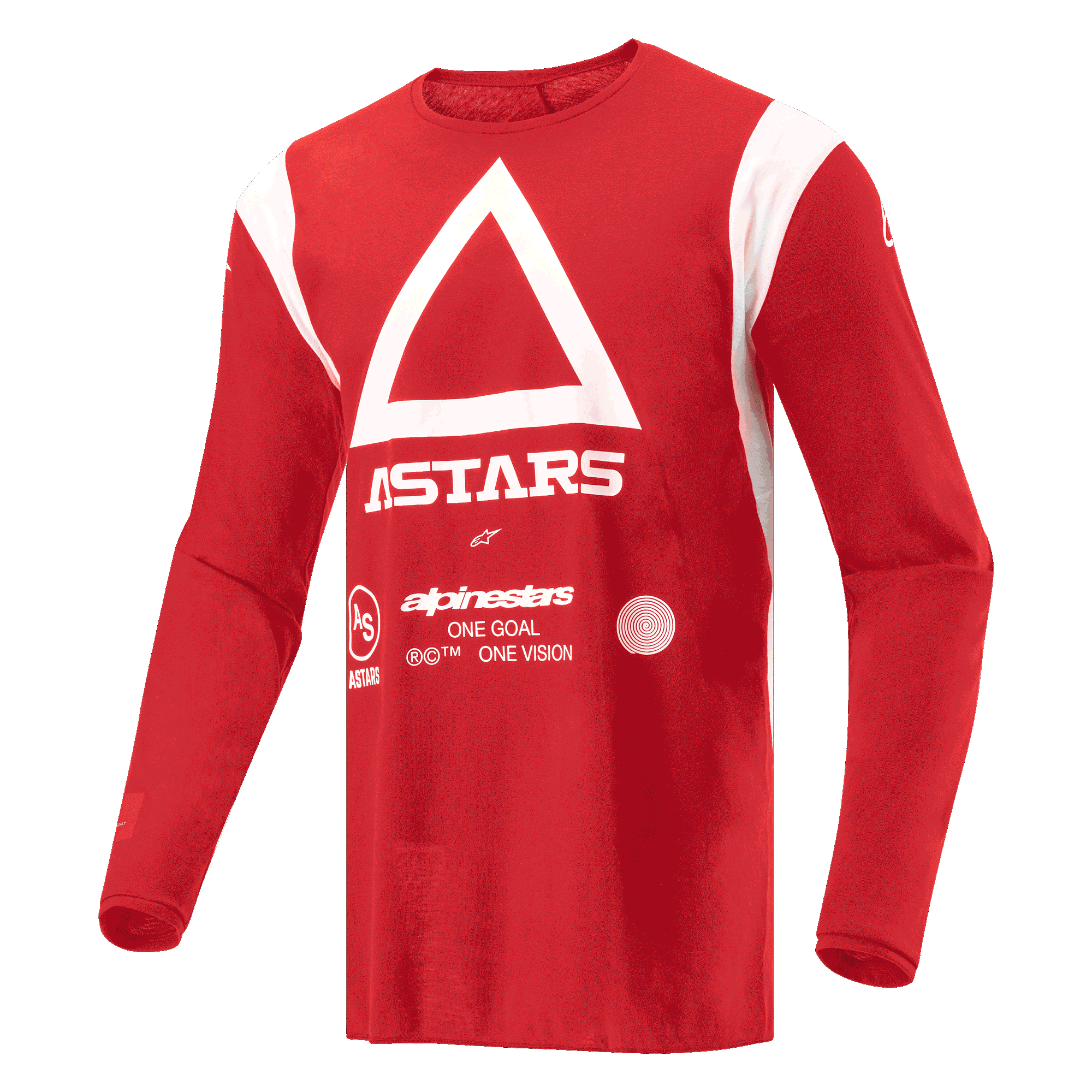 Alpinestars Techdura Jersey, camisola de motocross e enduro, vermelho vivo, com triângulo branco e marca ASTARS no peito, tecido de poliéster de manga comprida com absorção de humidade para condução todo-o-terreno