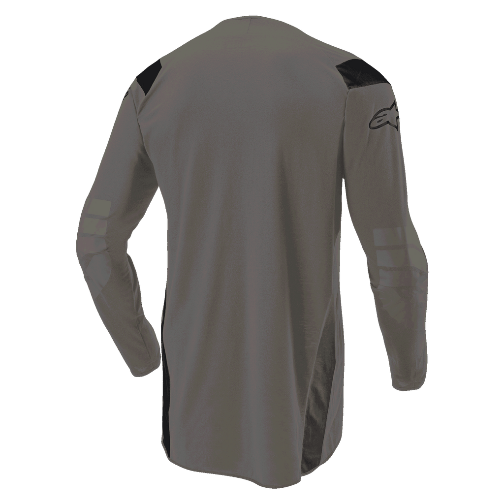 Camisola Alpinestars Techdura, Falcon Brown, camisola de motocross, vista traseira mostrando a parte traseira alongada para maior cobertura, mangas compridas com secções reforçadas nos cotovelos, painéis pretos nos ombros e logótipo na manga, vestuário durável para todo-o-terreno