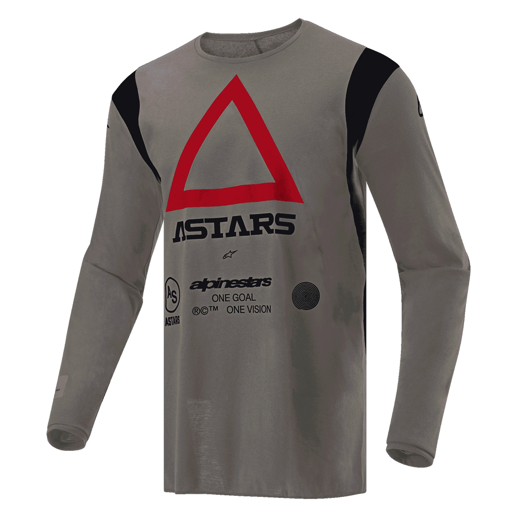 Camisola Alpinestars Techdura, camisola de motocross e enduro, Falcon Brown, com um grande triângulo vermelho no peito e marca ASTARS a preto, detalhes pretos nos ombros, tecido técnico de poliéster para desempenho em todo-o-terreno