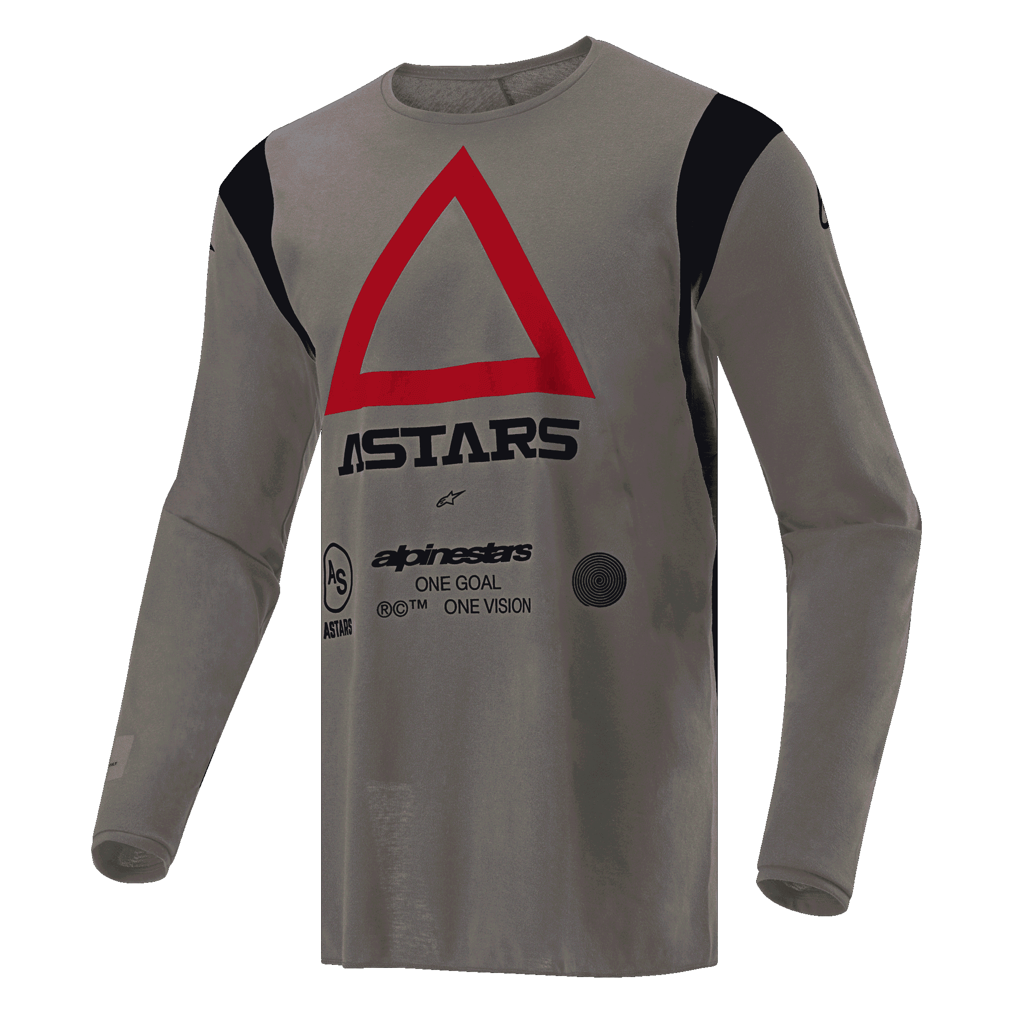 Camisola Alpinestars Techdura, camisola de motocross e enduro, Falcon Brown, com um grande triângulo vermelho no peito e marca ASTARS a preto, detalhes pretos nos ombros, tecido técnico de poliéster para desempenho em todo-o-terreno