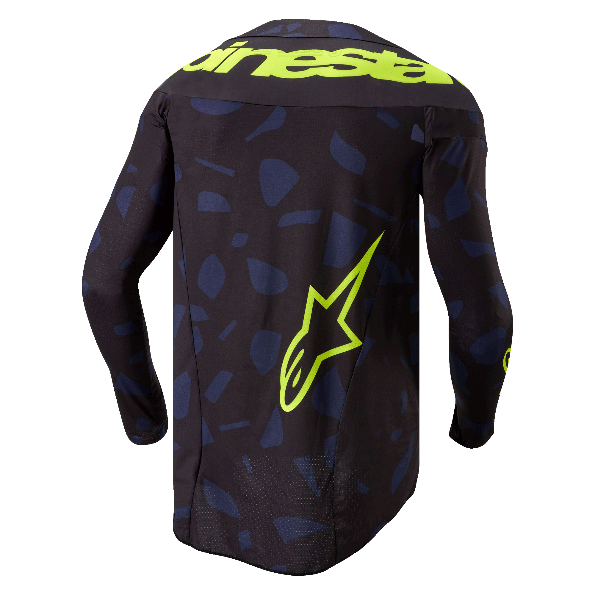 Alpinestars 2024 Techstar Rantera Jersey, Motocross Jersey, Black Navy Yellow Fluo, back view, featuring a navy blue geometric pattern on a black base, bold yellow fluo Alpinestars text across the shoulders and a large star logo on the lower back, technical long-sleeve gear for off-road racing
