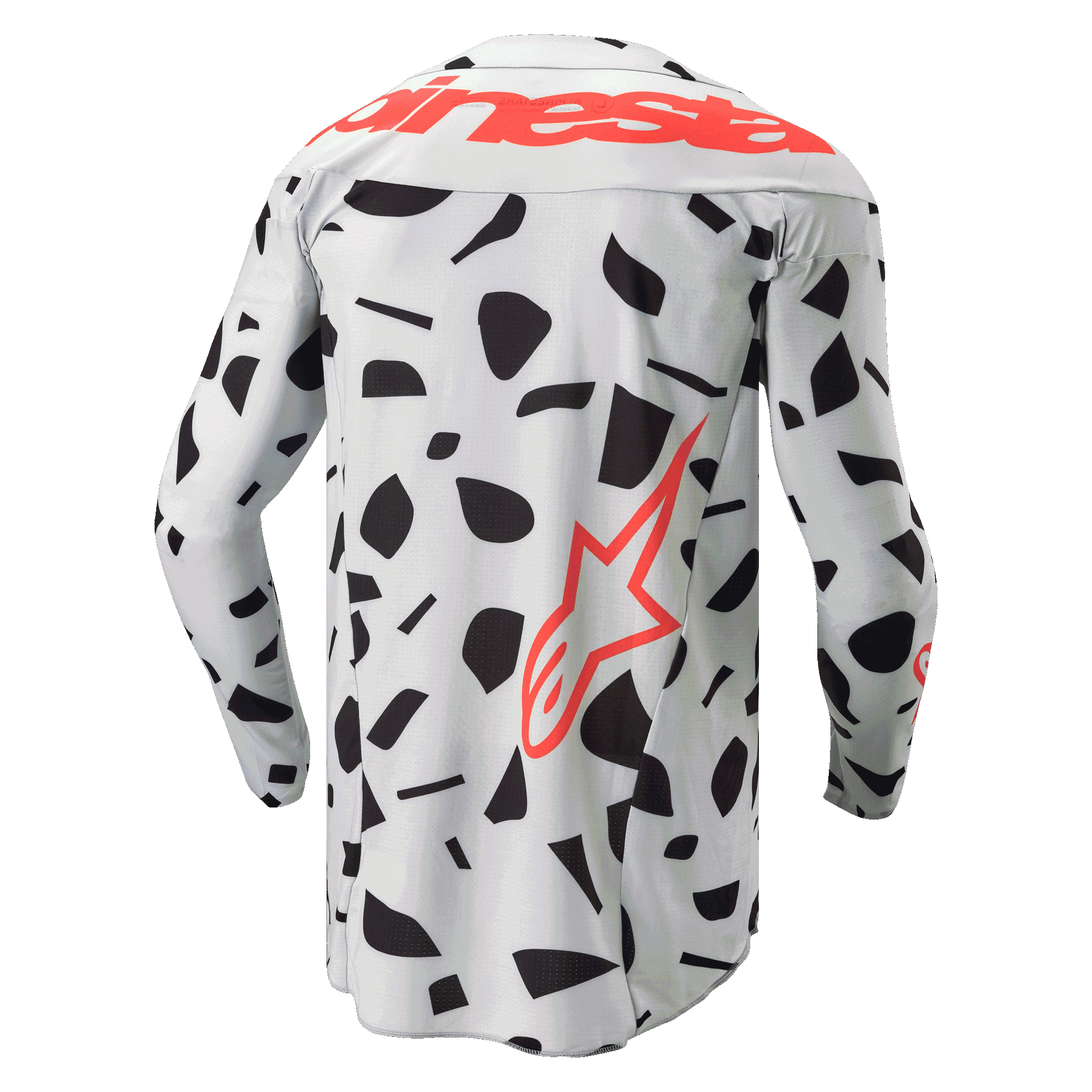 Alpinestars 2024 Techstar Rantera Jersey, vista traseira, camisola de motocross de manga comprida, Haze Gray Camo com padrões abstratos pretos, com a marca Alpinestars em vermelho nos ombros e logótipo de estrela vermelho na lateral inferior, concebida para desempenho em todo-o-terreno