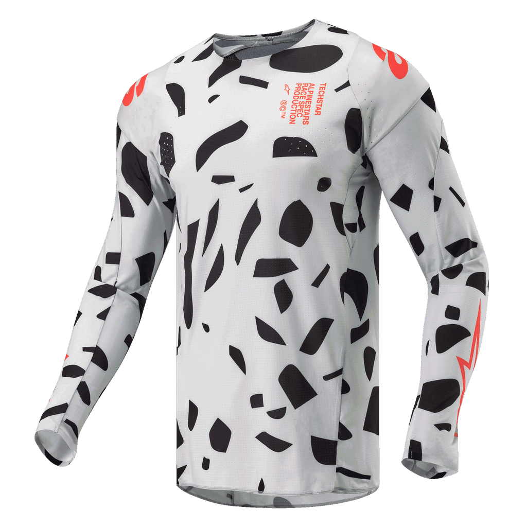 Alpinestars 2024 Techstar Rantera Jersey, camisola de motocross, Haze Gray Camo com formas abstratas pretas e pormenores em laranja, mangas compridas, equipamento técnico de competição off-road