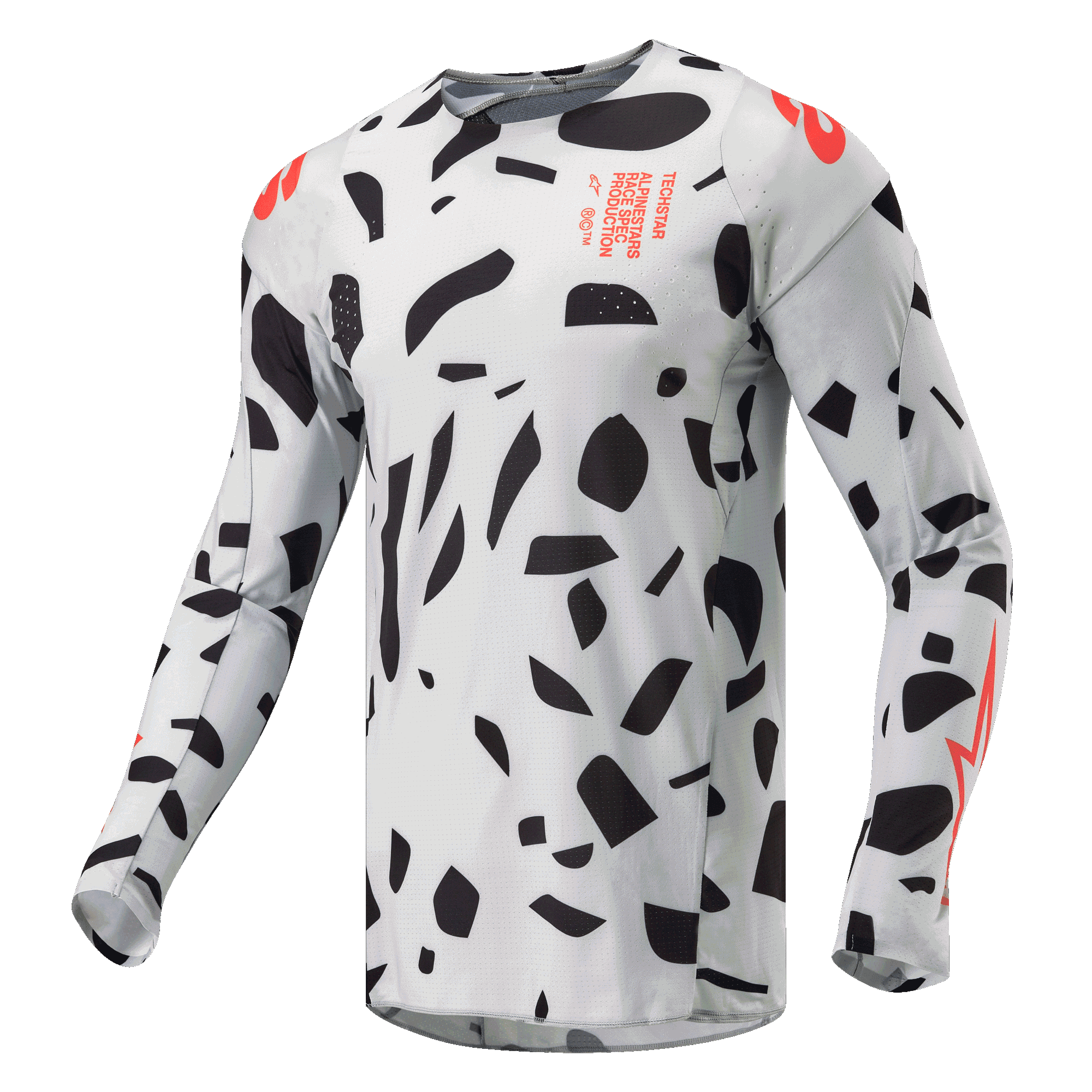 Alpinestars 2024 Techstar Rantera Jersey, camisola de motocross, Haze Gray Camo com formas abstratas pretas e pormenores em laranja, mangas compridas, equipamento técnico de competição off-road