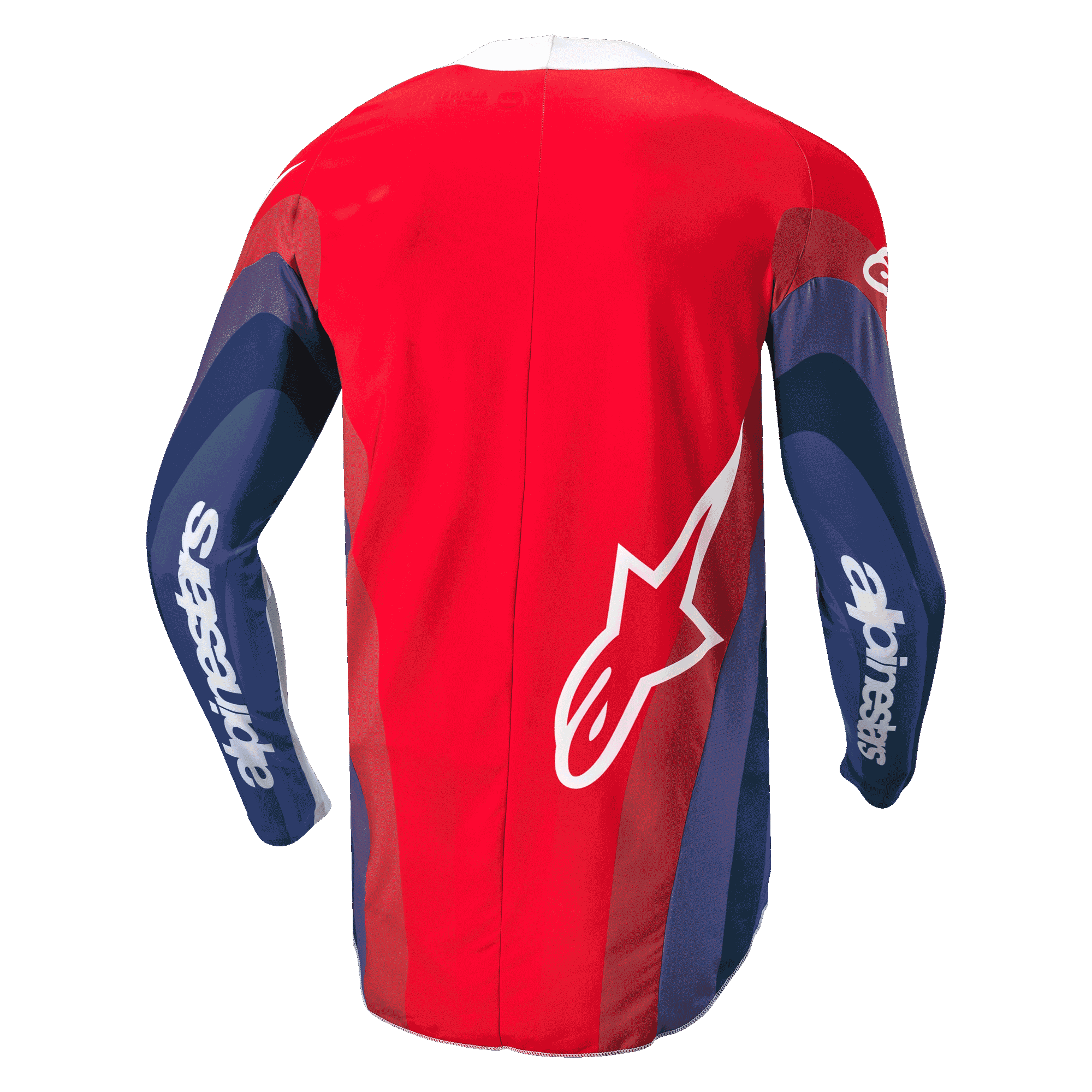 Alpinestars 2024 Techstar Pneuma Jersey, camisola de motocross, vermelha, azul e branca, vista traseira mostrando grafismos ondulados nas mangas, logótipo Alpinestars branco nos braços e logótipo Astar na parte inferior das costas, design ergonómico para condução fora de estrada