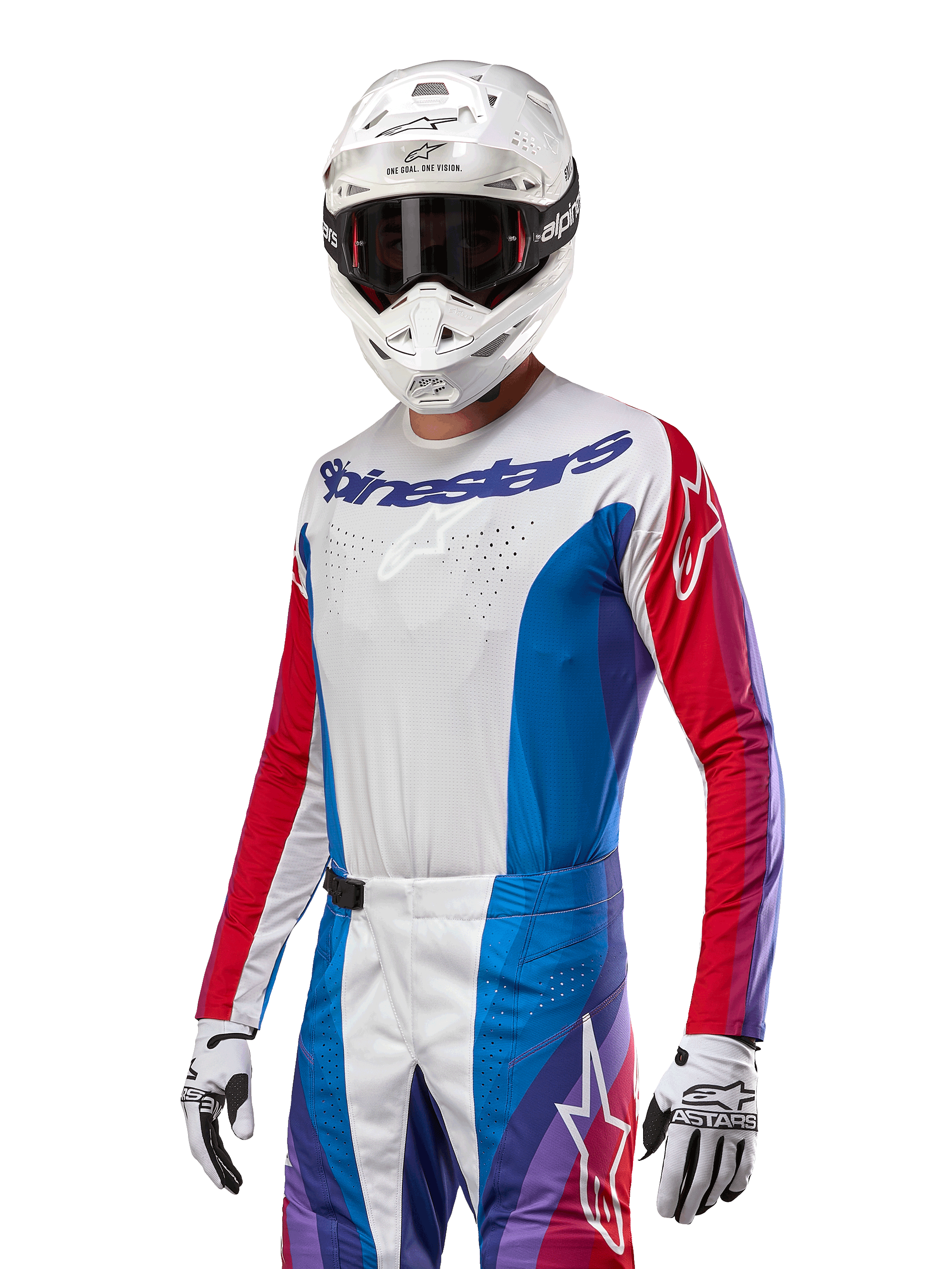 Alpinestars 2024 Techstar Pneuma Jersey, camisola de motocross, azul, vermelho Mars e branco com detalhes roxos, corte atlético de competição, equipamento de performance de manga comprida usado com capacete e luvas brancas