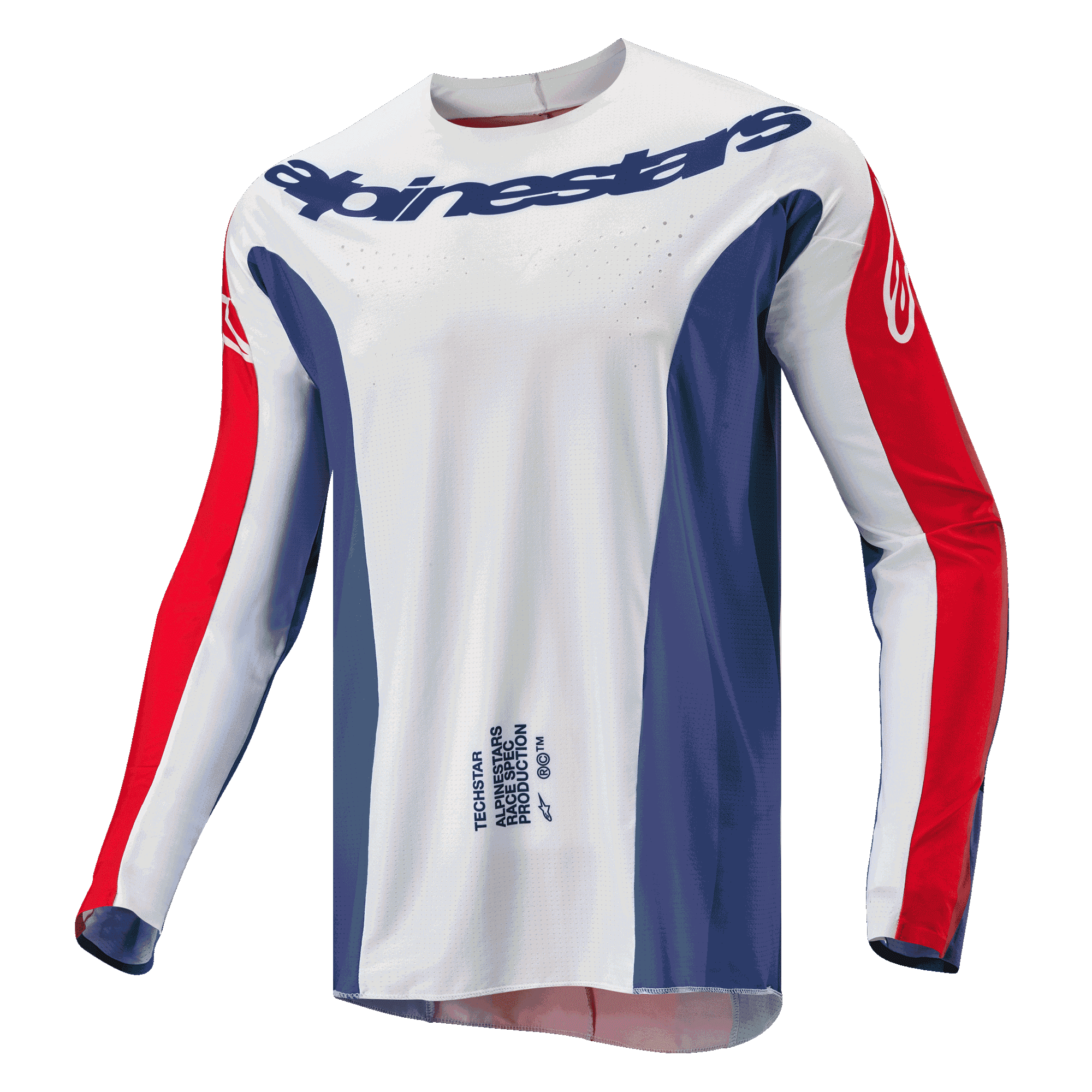 Alpinestars 2024 Techstar Pneuma Jersey, camisola de motocross, azul Mars, vermelho e branco, corpo principal branco com painéis laterais azuis e detalhes vermelhos nas mangas, logótipo Alpinestars no peito, corte atlético leve de competição para corridas todo-o-terreno