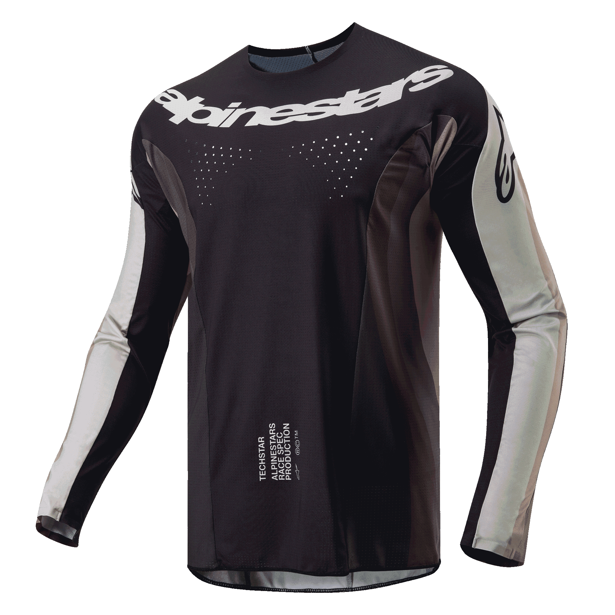 Camisola Alpinestars 2024 Techstar Pneuma, camisola de motocross, Dark Sand e Iron Dust Gray, corpo principal em preto com painéis das mangas em cinzento claro, logótipo Alpinestars branco no peito, perfurações de ventilação cortadas a laser, equipamento de alta performance para todo-o-terreno