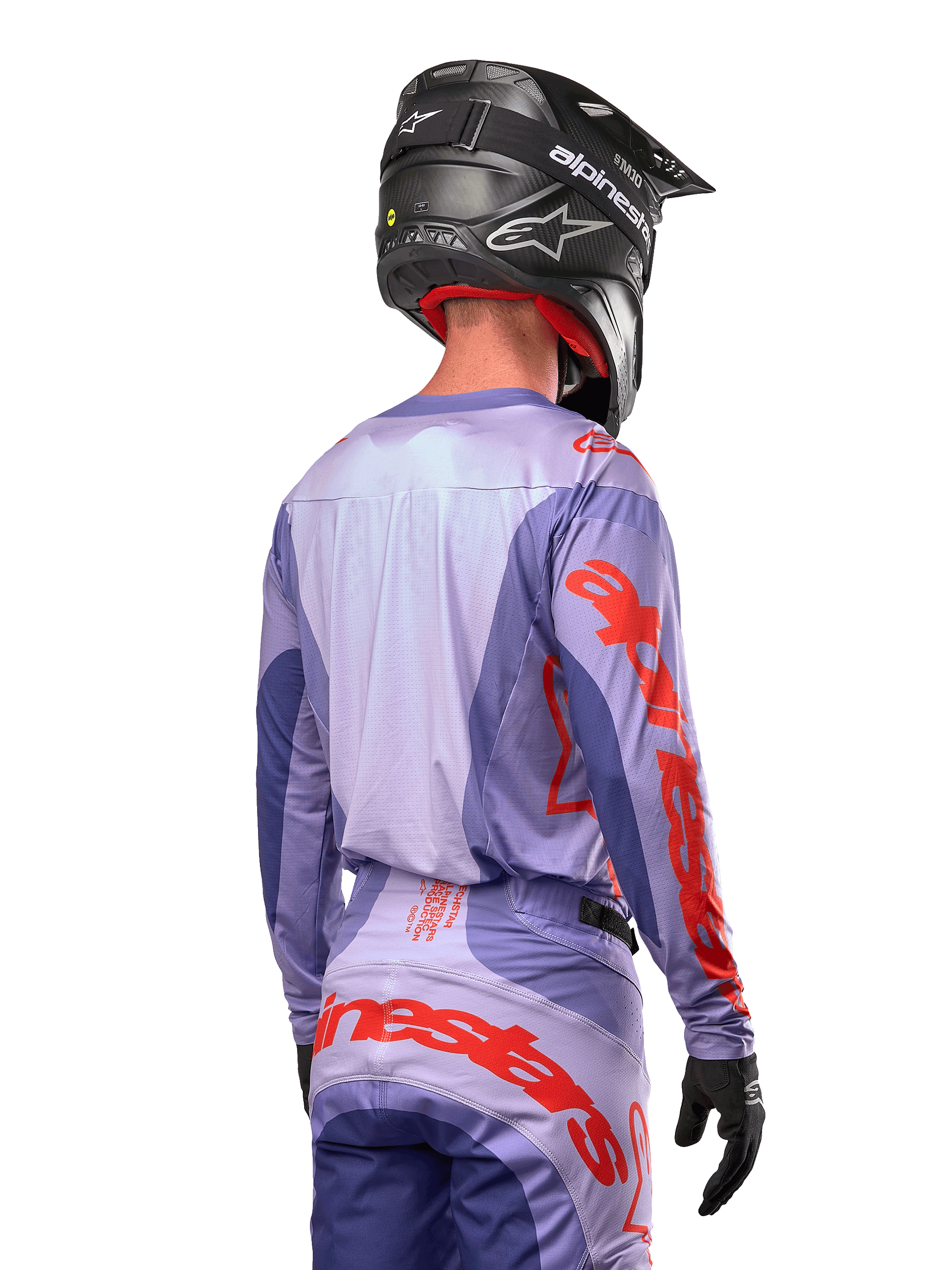 Alpinestars 2024 Techstar Ocuri Jersey, Motocross Jersey, Purple and Hot Orange, rear view on a rider wearing matching gear and a black helmet, featuring large orange Alpinestars lettering on the sleeves and lower back