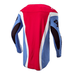 Alpinestars 2024 Techstar Ocuri Jersey, camisola de motocross, azul claro, vermelho Mars e branco, vista traseira mostrando o corte atlético, parte traseira estendida e gráficos pretos nas mangas