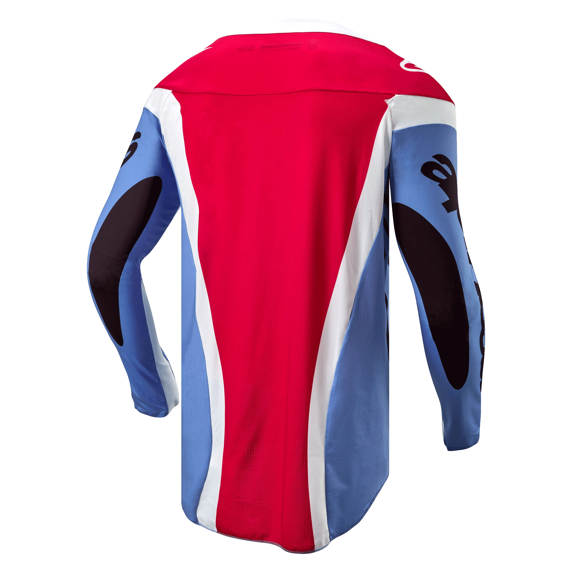 Alpinestars 2024 Techstar Ocuri Jersey, camisola de motocross, azul claro, vermelho Mars e branco, vista traseira mostrando o corte atlético, parte traseira estendida e gráficos pretos nas mangas