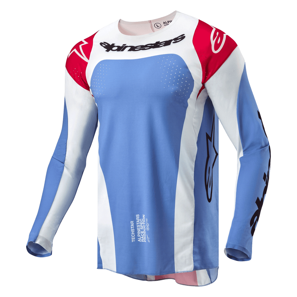 Alpinestars 2024 Techstar Ocuri Jersey, camisola de motocross, azul claro, vermelho Mars e branco, com marca Alpinestars a preto no peito, ombros vermelhos com logótipos brancos e perfurações a laser para ventilação