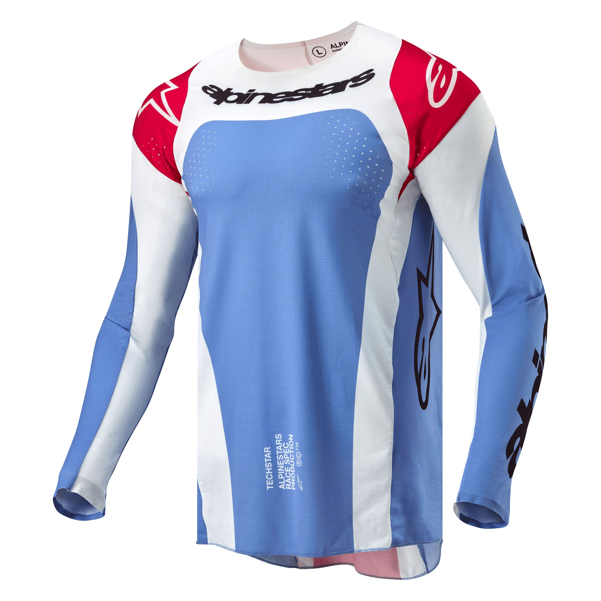 Alpinestars 2024 Techstar Ocuri Jersey, camisola de motocross, azul claro, vermelho Mars e branco, com marca Alpinestars a preto no peito, ombros vermelhos com logótipos brancos e perfurações a laser para ventilação