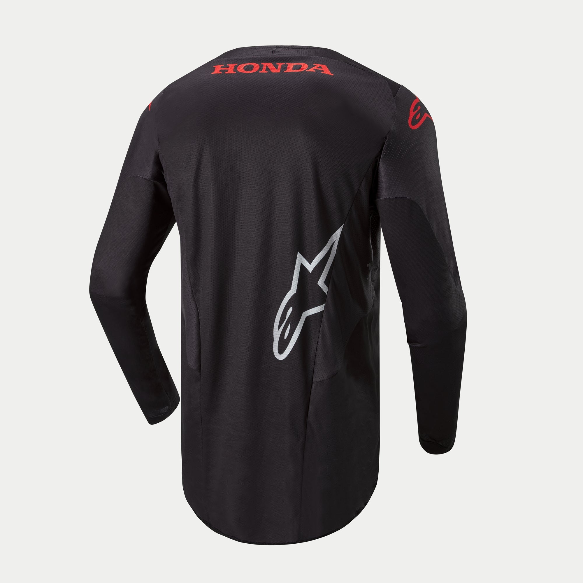 Alpinestars Camisola Honda Racer Iconic, camisola de motocross para homem, de manga comprida com bainha traseira alongada, preta com detalhes em vermelho e branco, vista traseira com logótipo Honda e gráficos Alpinestars