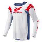Alpinestars Honda Racer Iconic Jersey, motocross off-road jersey for men, white with bright blue and bright red accents, featuring moisture-wicking synthetic construction and official Honda branding