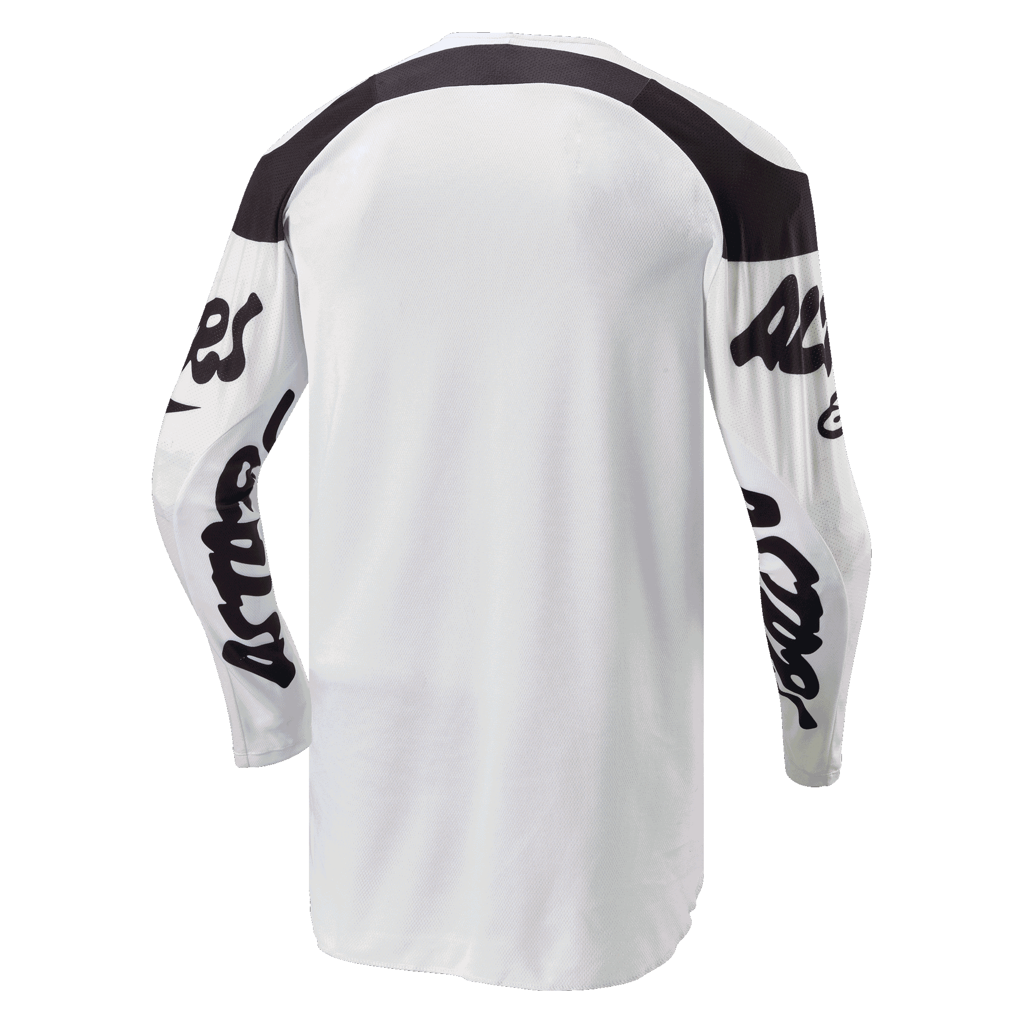 Alpinestars 2024 Racer Hana Jersey, camisola de motocross, branca e preta, vista traseira com corte mais longo para maior cobertura, painéis pretos nos ombros e logótipos manuscritos pretos nas mangas, tecido durável que absorve a humidade para desempenho off-road