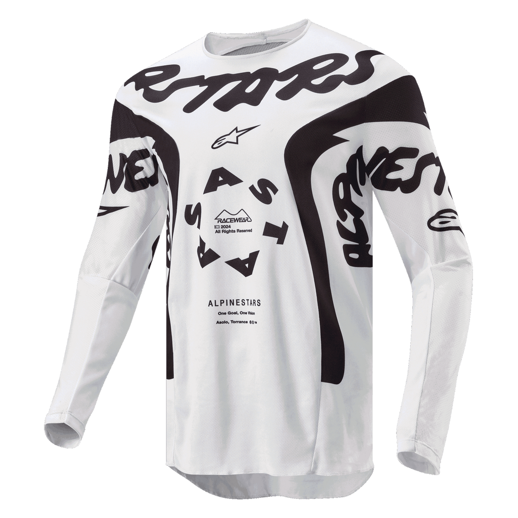 Alpinestars 2024 Racer Hana Jersey, camisola de motocross, branca e preta, com branding Alpinestars preto em destaque no peito, logótipo circular ASTARS e painéis de malha técnica para performance em todo-o-terreno
