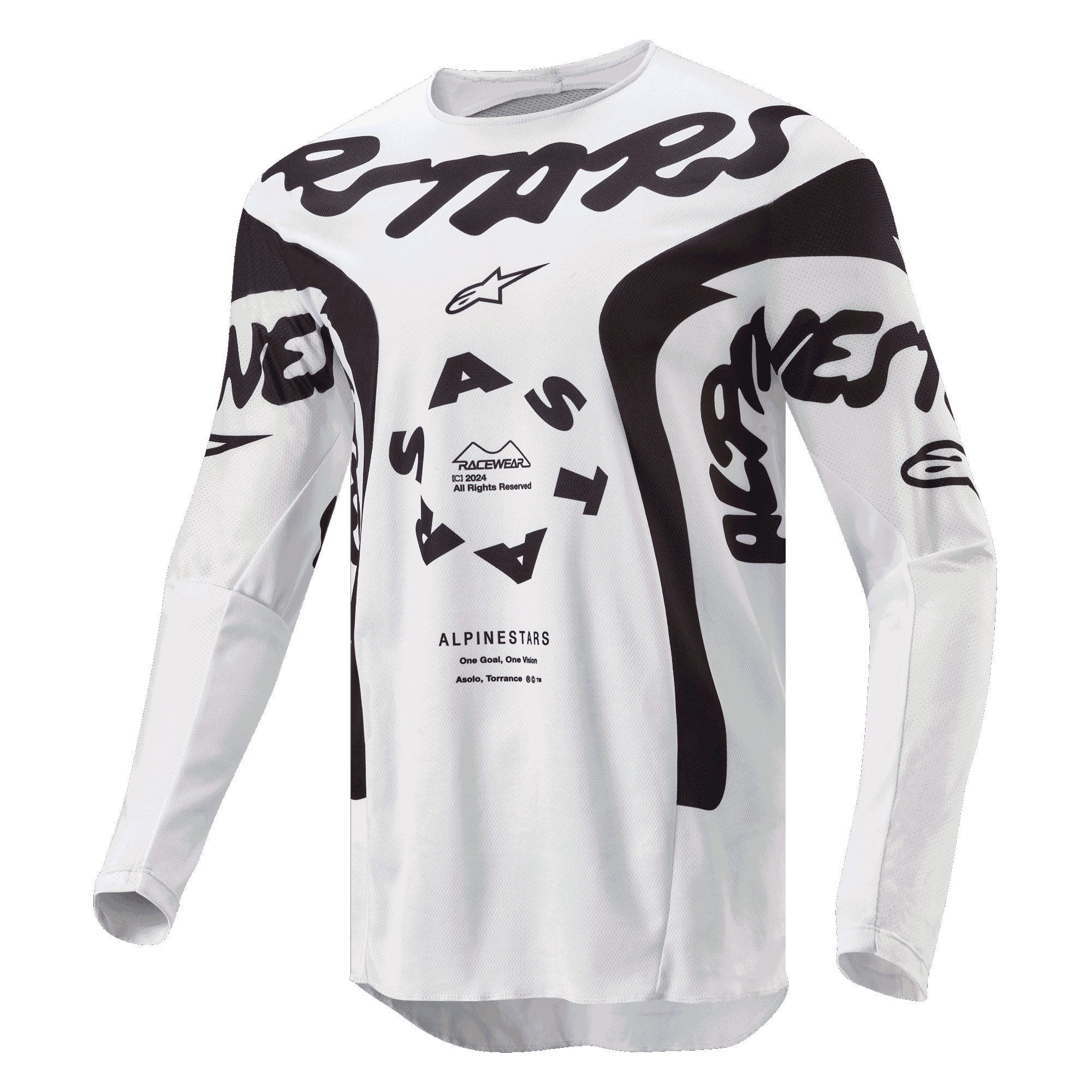 Alpinestars 2024 Racer Hana Jersey, camisola de motocross, branca e preta, com branding Alpinestars preto em destaque no peito, logótipo circular ASTARS e painéis de malha técnica para performance em todo-o-terreno