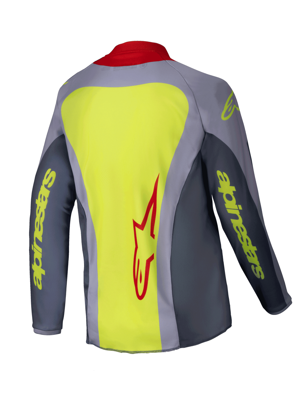 Alpinestars 2025 Youth Racer Melt Jersey, camisola de motocross, vermelho brilhante e cinzento, vista traseira com um grande painel amarelo néon e logótipo Alpinestars vermelho, mangas cinzentas com marca amarelo néon, gola vermelha, ajuste atlético técnico para corridas off-road