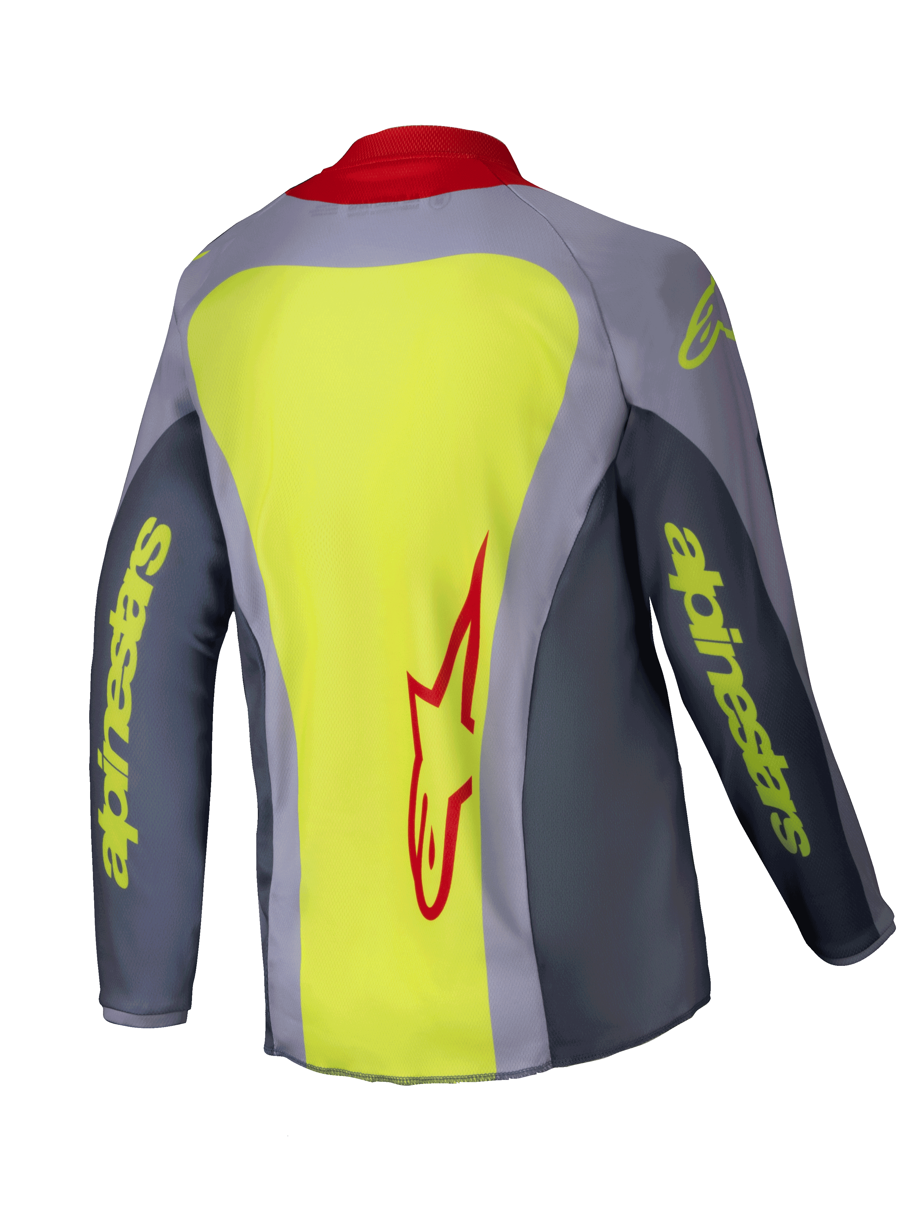 Alpinestars 2025 Youth Racer Melt Jersey, camisola de motocross, vermelho vivo e cinzento com detalhes em amarelo néon, vista traseira com um grande painel amarelo néon e logótipo Alpinestars em vermelho, mangas cinzentas com marca em texto amarelo e gola vermelha, vestuário técnico leve para corridas de todo-o-terreno