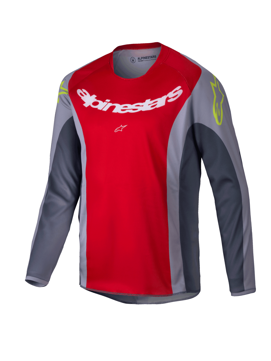 Alpinestars 2025 Youth Racer Melt Jersey, camisola de motocross, vermelho vivo e cinzento, com um grande logótipo branco no peito e detalhes amarelo néon nos ombros, tecido técnico de manga comprida para condução off-road