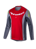 Alpinestars 2025 Youth Racer Melt Jersey, camisola de motocross, vermelho vivo e cinzento, com um grande logótipo branco no peito e detalhes amarelo néon nos ombros, tecido técnico de manga comprida para condução off-road
