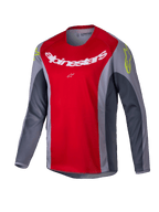 Alpinestars 2025 Youth Racer Melt Jersey, camisola de motocross, vermelho vivo e cinzento, com um grande logótipo branco no peito e detalhes amarelo néon nos ombros, tecido técnico de manga comprida para condução off-road
