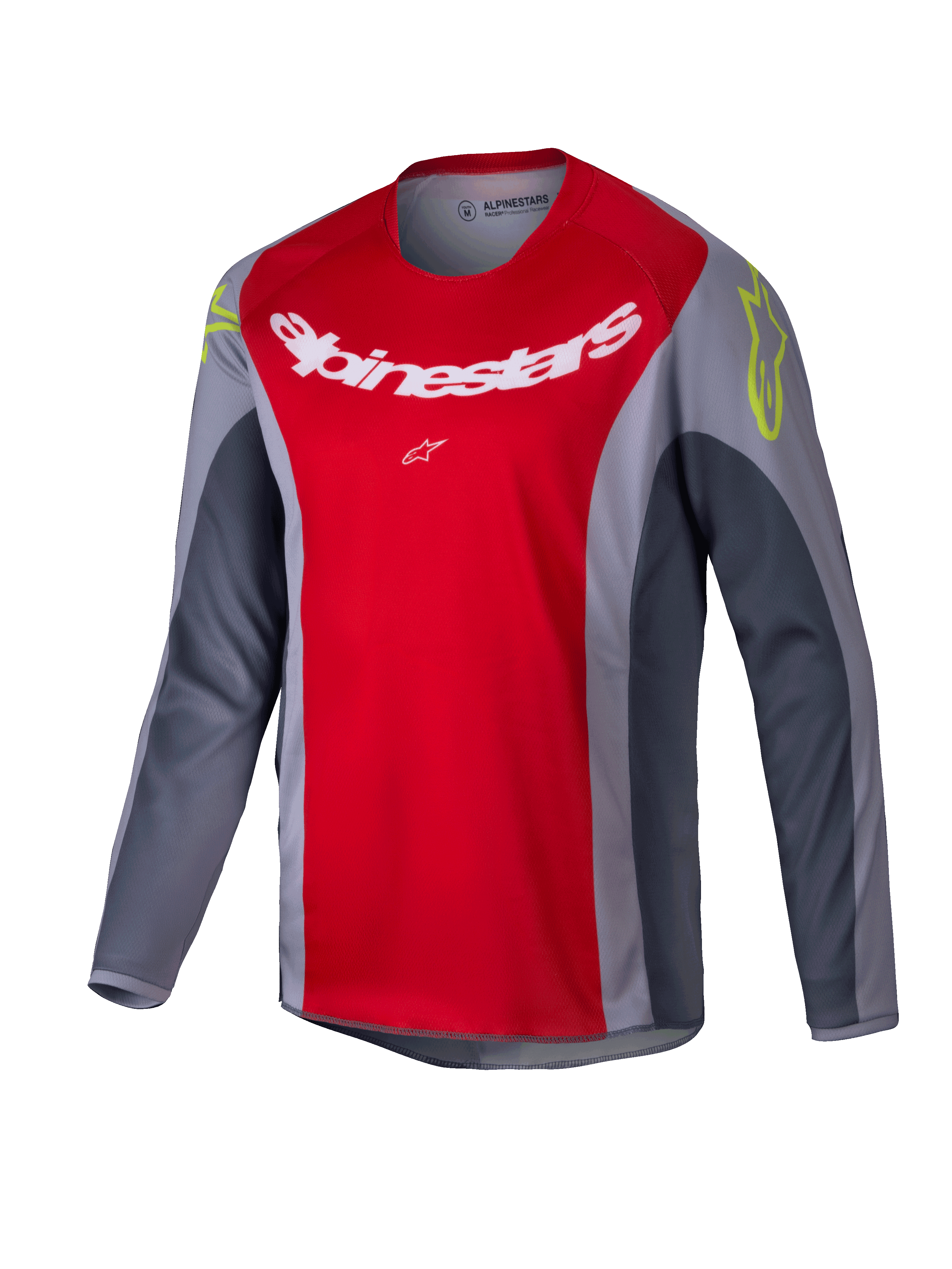 Alpinestars 2025 Youth Racer Melt Jersey, camisola de motocross, vermelho vivo e cinzento, com um grande logótipo branco no peito e detalhes amarelo néon nos ombros, tecido técnico de manga comprida para condução off-road