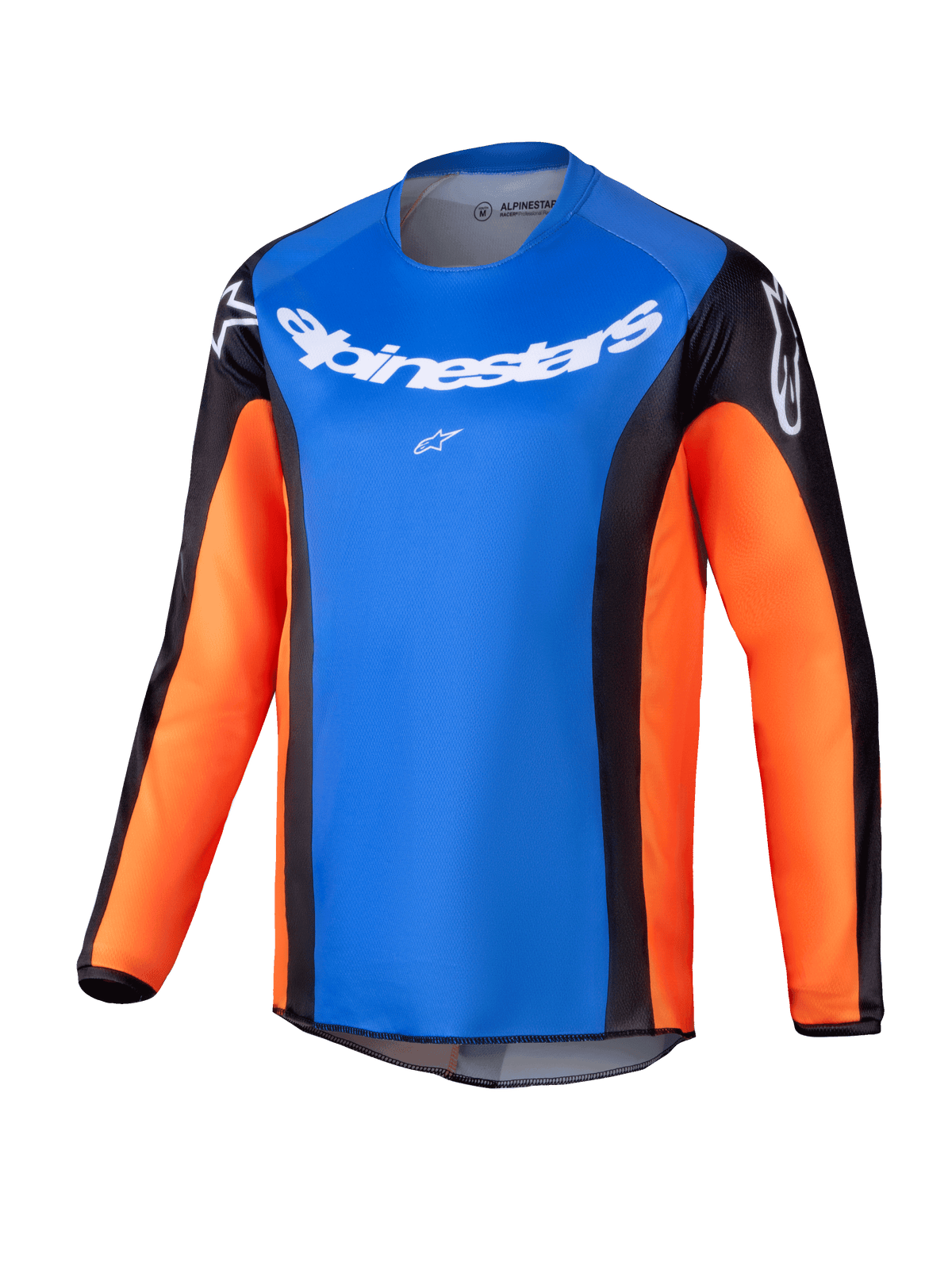 Alpinestars 2025 Youth Racer Melt Jersey, camisola de motocross de manga comprida, peito azul brilhante com mangas cor de laranja e painéis laterais pretos, marca Alpinestars branca no peito e ombros, tecido leve que absorve a humidade para jovens praticantes de todo-o-terreno