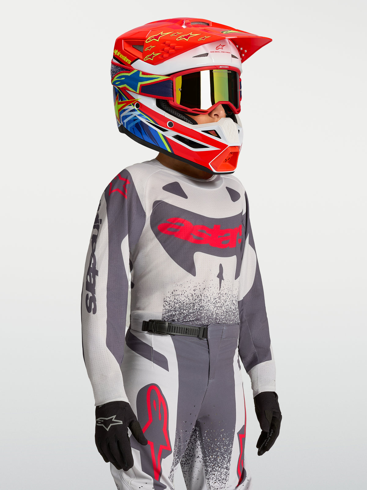 Alpinestars 2027 Youth Supertech Swan Jersey AND Gear Set, gray and red motocross racing outfit for youth riders.