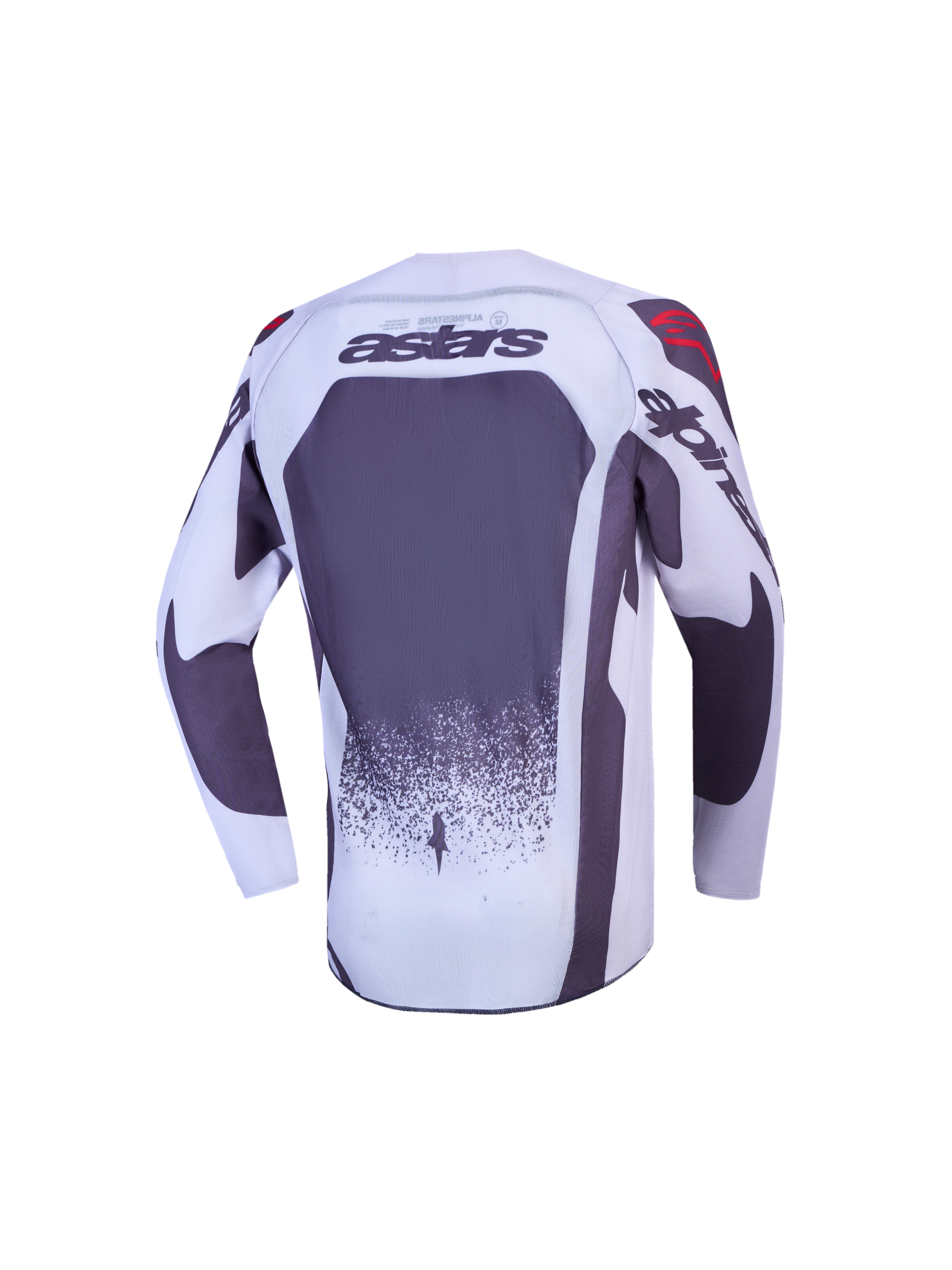 Alpinestars Juventude Supertech Swan, camisola de motocross cinzenta e branca, vista traseira com logótipo astars e malha.