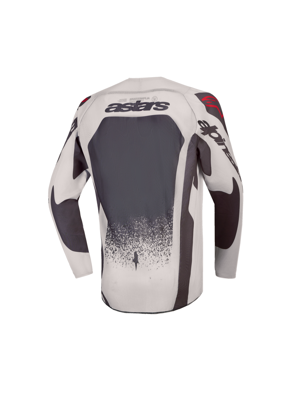 Alpinestars Camisola Supertech Swan Jovem, camisola de motocross para jovens, cinzenta e cinzento escuro, vista traseira com malha ventilada e pormenores vermelhos.