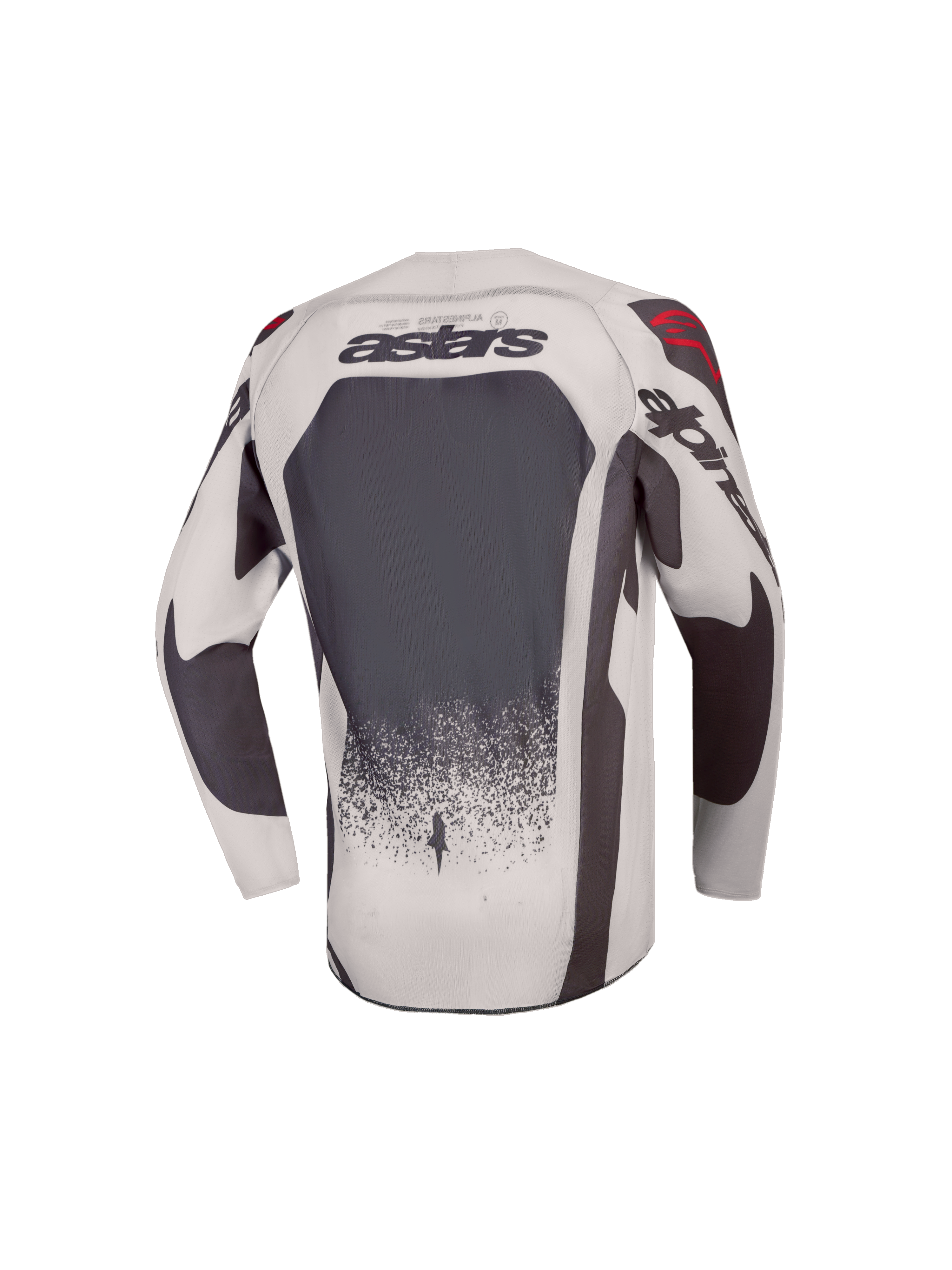 Alpinestars Camisola Supertech Swan Jovem, camisola de motocross para jovens, cinzenta e cinzento escuro, vista traseira com malha ventilada e pormenores vermelhos.
