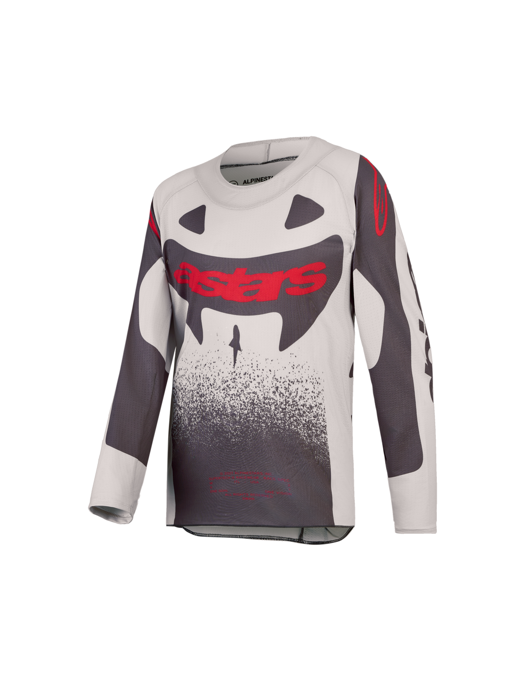 Alpinestars Supertech Swan Jovem 2027, camisola de motocross para jovens, cinzenta e vermelha fluorescente, construção leve em malha elástica ventilada.