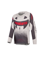 Alpinestars Supertech Swan Jovem 2027, camisola de motocross para jovens, cinzenta e vermelha fluorescente, construção leve em malha elástica ventilada.