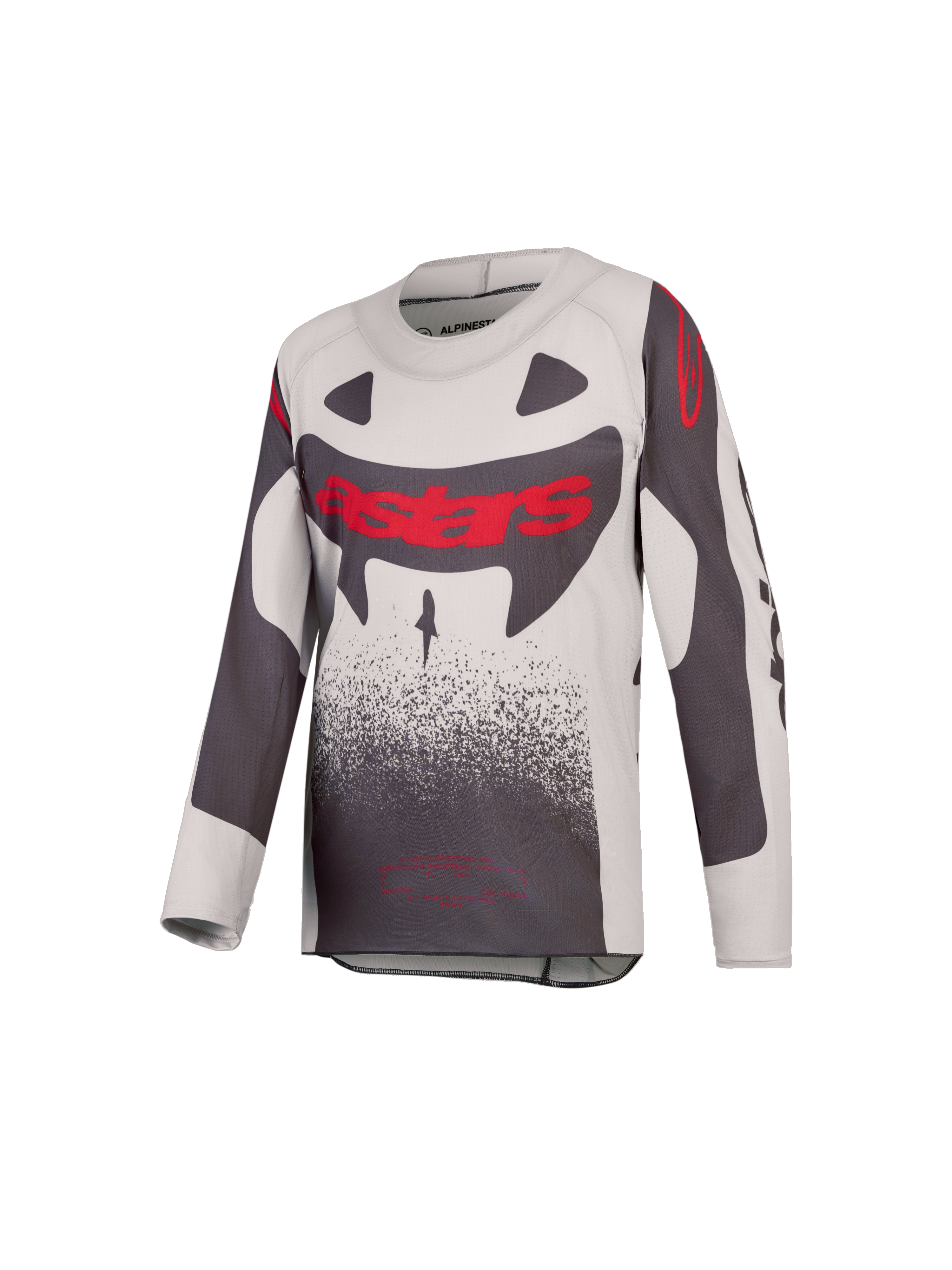 Alpinestars Supertech Swan Jovem 2027, camisola de motocross para jovens, cinzenta e vermelha fluorescente, construção leve em malha elástica ventilada.