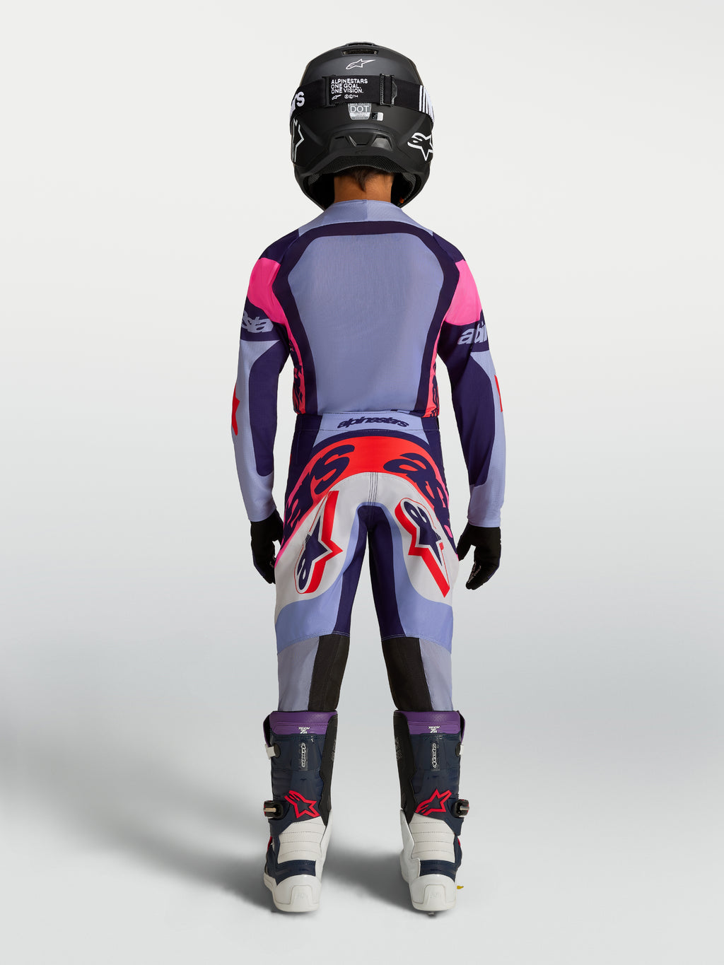 Alpinestars Juventude Supertech Dyna Gear Set, equipamento de motocross para jovens, roxo e rosa, vista traseira.